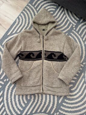 Vintage 100% Wool Nepal Zip Hoodie Wave Sweater Jacket L Fleece Lined Coastal Su